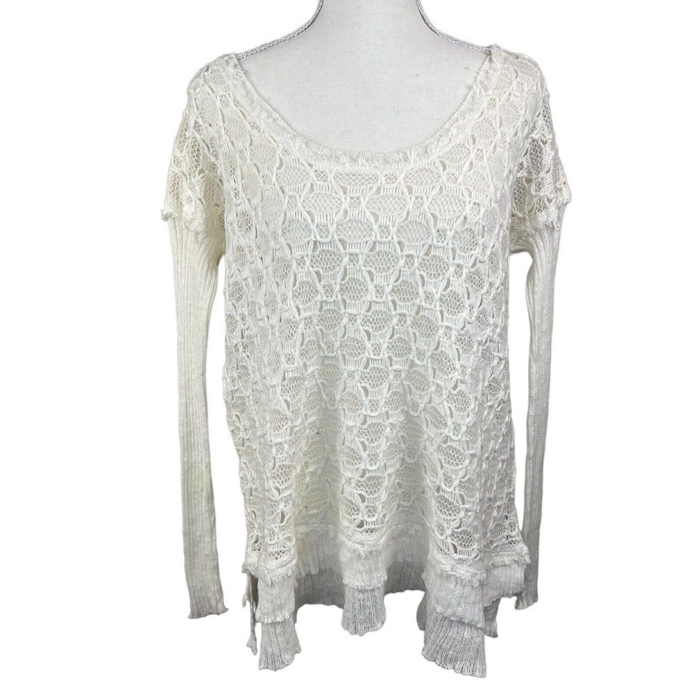 Free People White Open Knit Lace Sweater Size S/P Layered Hem